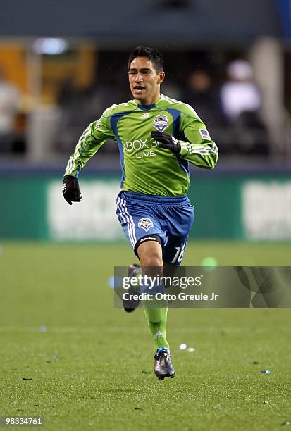 David Estrada of the Seattle Sounders FC paces the play during their MLS match against the New York Red Bulls on April 3, 2010 at Qwest Field in...