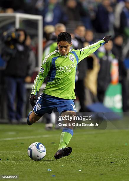 David Estrada of the Seattle Sounders FC crosses the ball during their MLS match against the New York Red Bulls on April 3, 2010 at Qwest Field in...