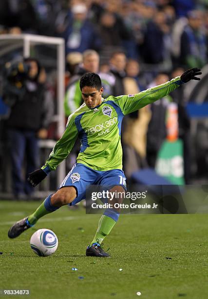 David Estrada of the Seattle Sounders FC crosses the ball during their MLS match against the New York Red Bulls on April 3, 2010 at Qwest Field in...