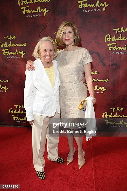 Columnist Liz Smith and Christine Baranski attend the Broadway opening of "The Addams Family" at the Lunt-Fontanne Theatre on April 8, 2010 in New...