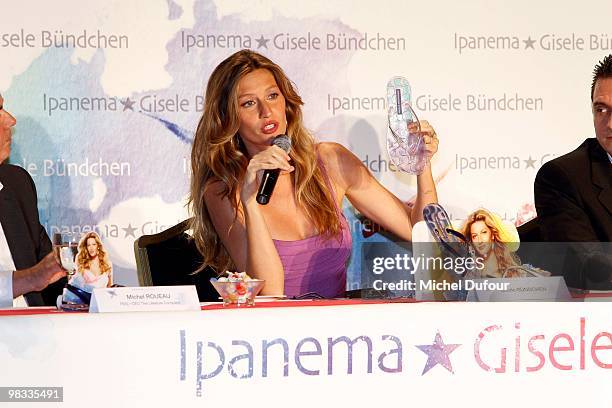 Gisele Bundchen presents the ''Ipanema'' new footwear collection at the Grand Hotel Intercontinental on April 8, 2010 in Paris, France.