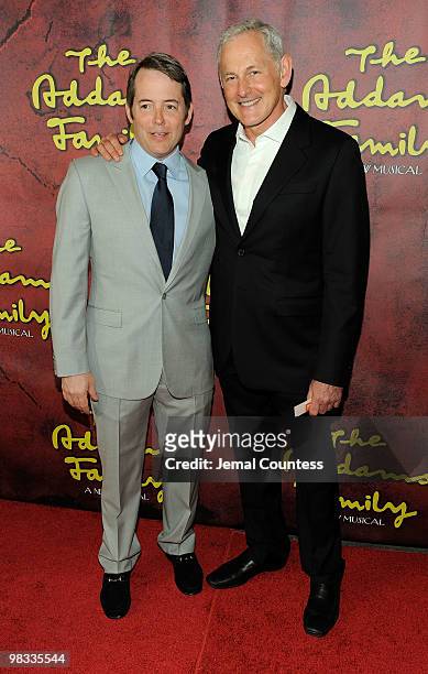 Actors Matthew Broderick and Victor Garber attend the Broadway opening of "The Addams Family" at the Lunt-Fontanne Theatre on April 8, 2010 in New...