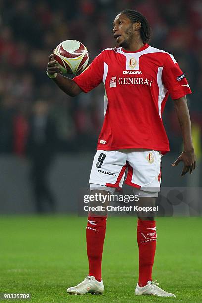 Dieudonné Mbokani of Liege looks dejected during the UEFA Europa League quarter final second leg match between Standard Liege and Hamburger SV at...