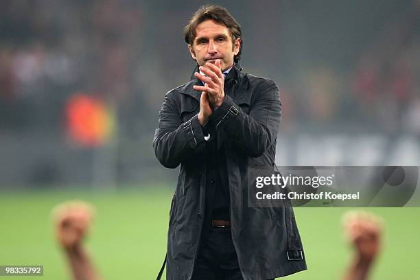 Head coach Bruno Labbadia of Hamburg watches at his team after winning 3-1 the UEFA Europa League quarter final second leg match between Standard...