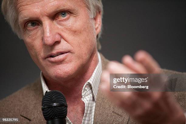 Professional golfer Greg Norman speaks at a special 3-D viewing event of the Masters golf tournament at the Newseum in Washington, D.C., U.S., on...