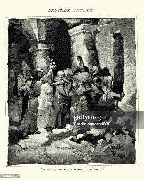 medieval monks performing immurement on a man - buried stock illustrations
