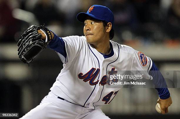 Hisanori Takahashi of the New York Mets throws a pitch against the Florida Marlins on April 8, 2010 at Citi Field in the Flushing neighborhood of the...