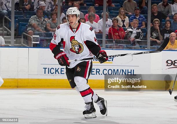 Jared Cowen of the Ottawa Senators plays in his first NHL game against the Tampa Bay Lightning at the St. Pete Times Forum on April 8, 2010 in Tampa,...