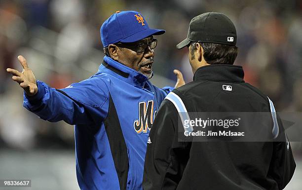 New York Mets manager Jerry Manuel argues a call in the ninth inning against the Florida Marlins with first base umpire James Hoye on April 8, 2010...