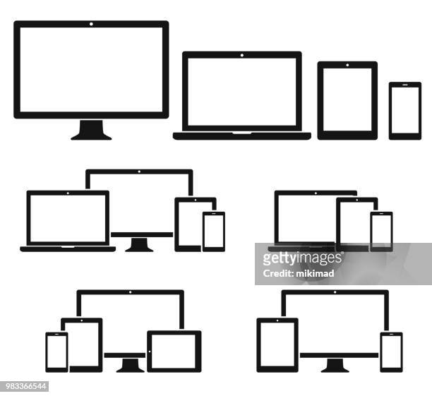 ilustraciones, imágenes clip art, dibujos animados e iconos de stock de conjunto de iconos de dispositivos de tecnología - computer