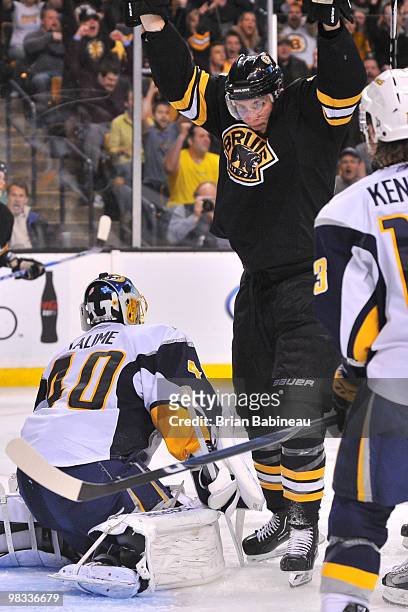 Blake Wheeler of the Boston Bruins celebrates a goal against the Buffalo Sabres at the TD Garden on April 8, 2010 in Boston, Massachusetts.