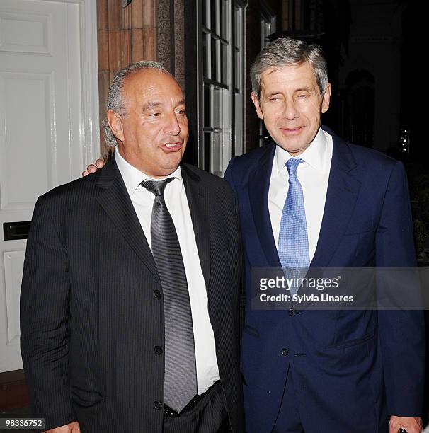 Philip Green and Stuart Rose leaving Scott's Restaurant on April 8, 2010 in London, England.