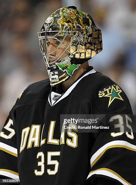 Goaltender Marty Turco of the Dallas Stars during play against the Anaheim Ducks at American Airlines Center on April 8, 2010 in Dallas, Texas.