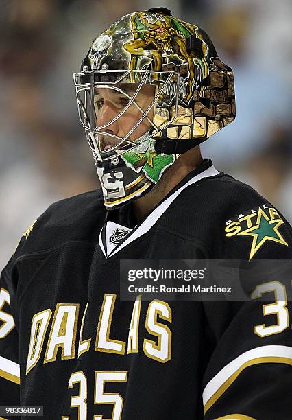 Goaltender Marty Turco of the Dallas Stars during play against the Anaheim Ducks at American Airlines Center on April 8, 2010 in Dallas, Texas.