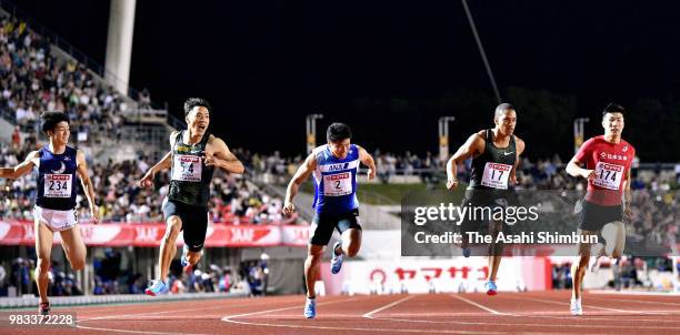 Ryota Yamagata crosses the finish line to win the Men's 100m on day two of the 102nd JAAF Athletic Championships at Ishin Me-Life Stadium on June 23,...