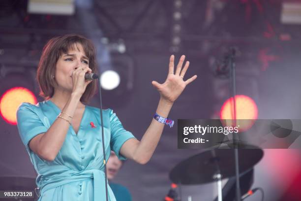 Imperatrice band's singer Flore Benguigui performs during a concert at the Solidays music festival on June 24, 2018 at the hippodrome de Longchamp in...