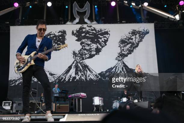 British rock star Jamie Hince and Alison Mosshart of The Kills, performs during a concert at the Solidays music festival on June 24, 2018 at the...