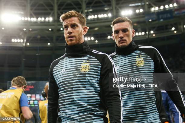 Cristian Ansaldi and Giovani Lo Celso of Argentina leave the pitch after the 2018 FIFA World Cup Russia group D match between Argentina and Croatia...