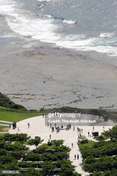 In this aerial image, people visit the Cornerstone of Peace where the names of their bereaved family members and relatives engraved at the Peace...