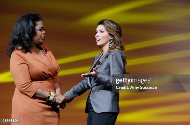 Oprah Winfrey and singer Shania Twain promote OWN, Winfrey's forthcoming cable channel, at the Discovery Communications - 2010 New York Upfront at...