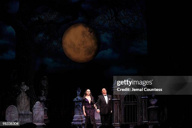 Actors Nathan Lane and Bebe Neuwirth take a bow following the opening night of the Broadway production of "The Addams Family" at the Lunt-Fontanne...