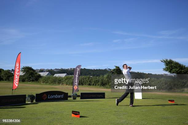 Scott Godfrey of Ferndown Golf Club plays his first shot on the 1st tee during The Lombard Trophy South West Qualifier at Royal North Devon Golf Club...