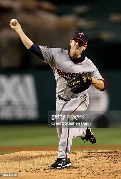 Kevin Slowey of the Minnesota Twins throws a pitch against the Los Angeles Angels of Anaheim on April 8, 2010 at Angel Stadium in Anaheim, California.