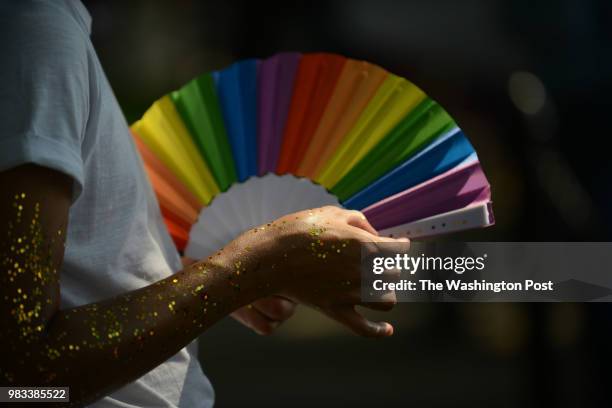 Huge crowd, some equipped with rainbow hand fans to stay cool, gathers around the fountain at Dupont Circle to while waiting for the The Capital...