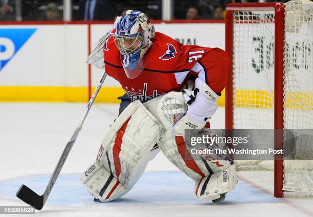 Washington goaltender Philipp Grubauer during Columbus Blue Jackets overtime defeat of the Washington Capitals 4-3 in game 1 of the NHL playoffs in...