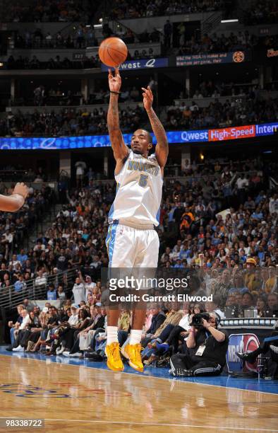 Smith of the Denver Nuggets shoots three pointer against the Los Angeles Lakers on April 8, 2010 at the Pepsi Center in Denver, Colorado. NOTE TO...