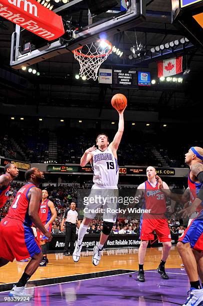 Beno Udrih of the Sacramento Kings goes up for a shot against the Los Angeles Clippers on April 8, 2010 at ARCO Arena in Sacramento, California. NOTE...