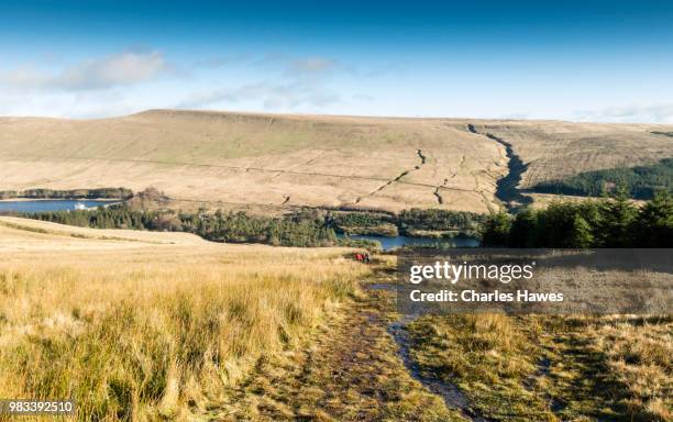 three figures on boggy path leading to craig fan du with view to upper neuadd reservoir. . image from a circular walk taking in the peaks of corn du and pen y fan in the brecon beacons national park, south wales, uk. january - pen y fan stock pictures, royalty-free photos & images