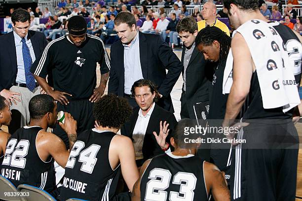 Austin Toros head coach Quin Snyder talks to his team during a timeout against the Dakota Wizards during their NBA D-League round 1 playoff game...