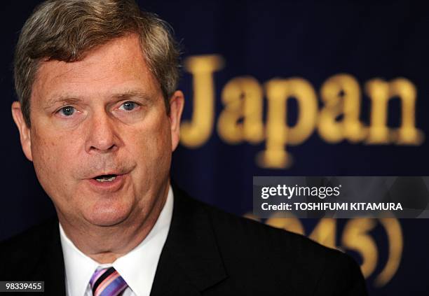 Agriculture Secretary Tom Vilsack delivers his speech during his Foreign Correspondents' Club press conference in Tokyo, on April 9, 2010. The US and...