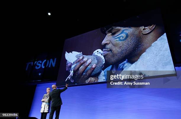 Boxer Mike Tyson speaks at the Discovery Communications - 2010 New York Upfront at Jazz at Lincoln Center on April 8, 2010 in New York City.