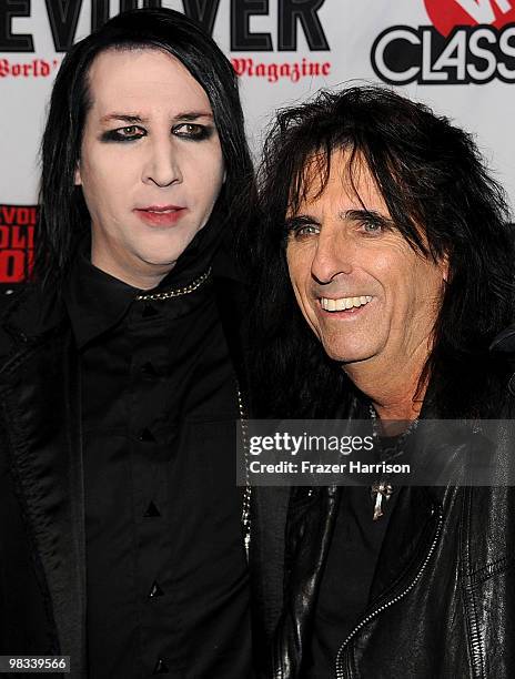 Musicians Marilyn Manson and Alice Cooper arrive at the 2nd annual Revolver Golden Gods Awards held at Club Nokia on April 8, 2010 in Los Angeles,...