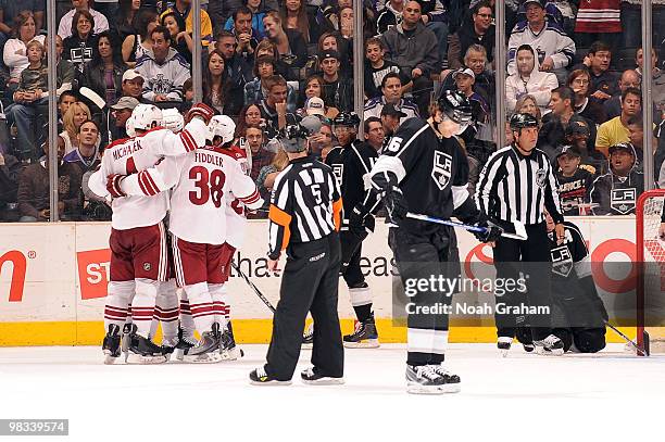 Zbynek Michalek and Vernon Fiddler of the Phoenix Coyotes celebrate with teammates after scoring a goal against the Los Angeles Kings on April 8,...