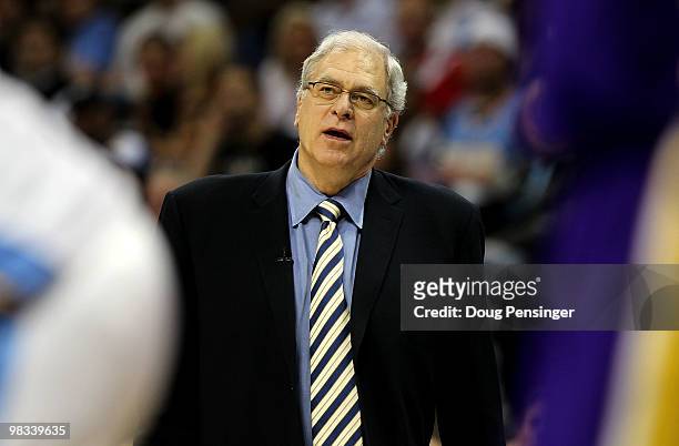 Head coach Phil Jackson of the Los Angeles Lakers leads his team against the Denver Nuggets during NBA action at the Pepsi Center on April 8, 2010 in...