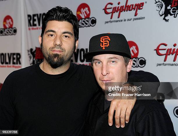 Musicians Chino Moreno and Abe Cunningham of the Deftones arrive at the 2nd annual Revolver Golden Gods Awards held at Club Nokia on April 8, 2010 in...