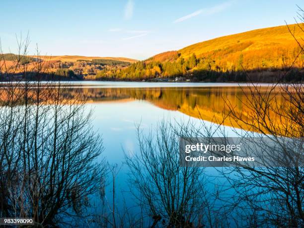 reflections in the pontsticill reservoir. image from a circular walk taking in the peaks of corn du and pen y fan in the brecon beacons national park, south wales, uk. january - pen y fan stock pictures, royalty-free photos & images