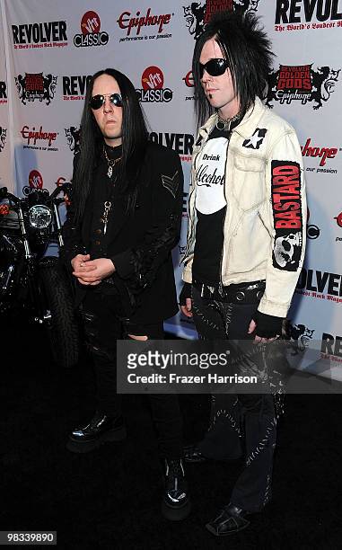 Musicians Joey Jordison of Slipknot and Wednesday 13 of the Muderdolls arrive at the 2nd annual Revolver Golden Gods Awards held at Club Nokia on...