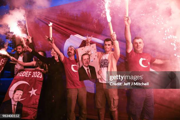 Erdogan's supporters celebrate outside the AK party headquarters on June 24, 2018 in Istanbul, Turkey. Turkey's President Recep Tayyip Erdogan has...