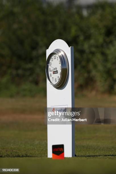 Branding on the 1st tee during The Lombard Trophy South West Qualifier at Royal North Devon Golf Club on June 25, 2018 in Bideford, England.