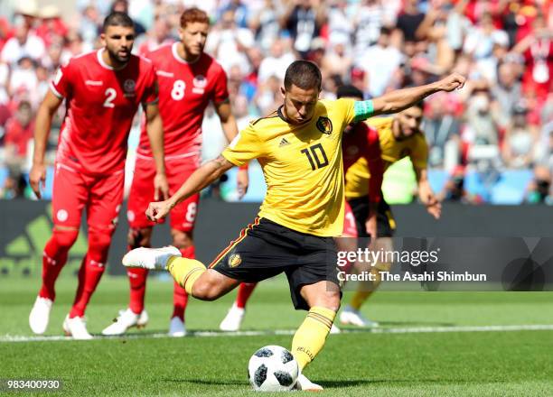 Eden Hazard of Belgium converts the penalty to score the opening goal during the 2018 FIFA World Cup Russia group G match between Belgium and Tunisia...