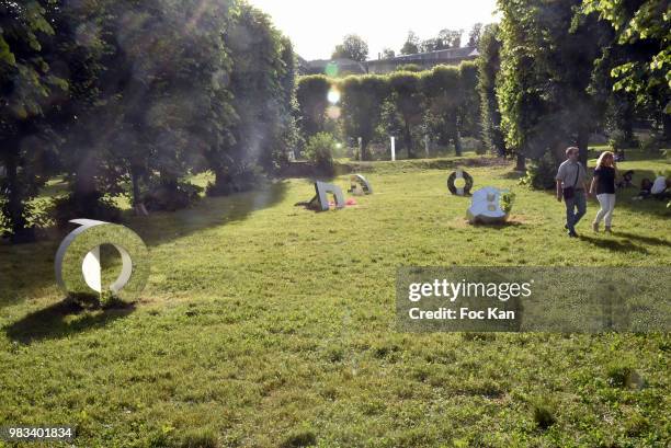 Work of Pierre Marie Lejeune is exhibited during the Domaine De Saint Cloud Outdoor Exhibition and Concert Picnic Party at Parc de Saint Cloud on...