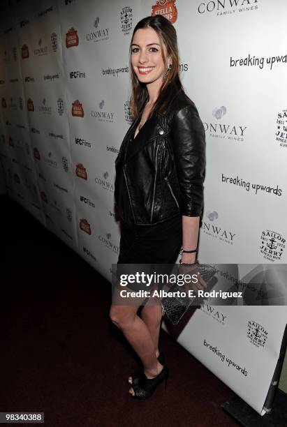 Actress Anne Hathaway arrives at the Los Angeles premiere of IFC's "Breaking Upwards" at the Silent Movie Theater on April 8, 2010 in Los Angeles,...