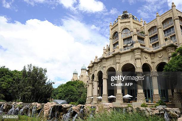 This picture taken on February 22, 2010 shows the Palace hotel of Lost City in Sun City. The shaking walkway -- leading to a man-made sandy beach --...