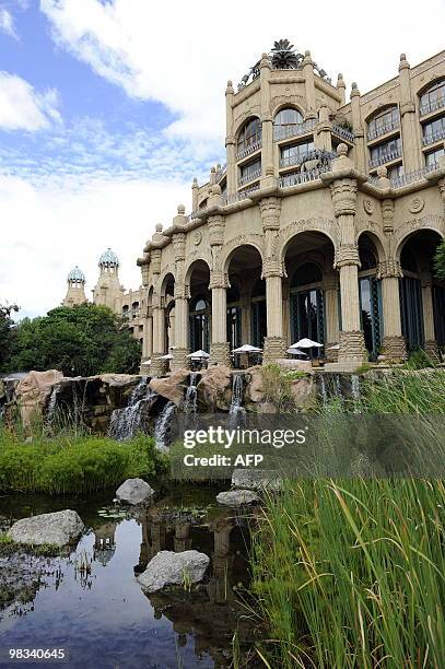 This picture taken on February 22, 2010 shows the Palace hotel of Lost City in Sun City. The shaking walkway -- leading to a man-made sandy beach --...