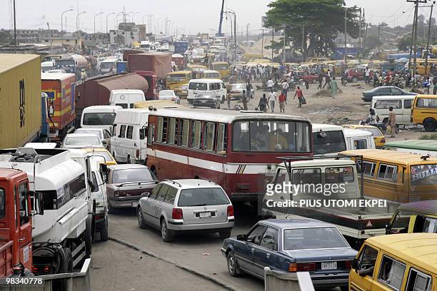Sonia BAKARIC Motorists queue during a traffic jam at Mile 2 bus stop in Lagos on April 7, 2010. Despite the effort being made by the Lagos state...