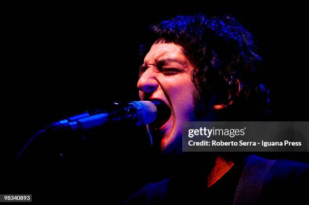 Italian musician and author Vasco Brondi, in art "Le Luci della Centrale Elettrica" perform at Duse teather on April 7, 2010 in Bologna, Italy.